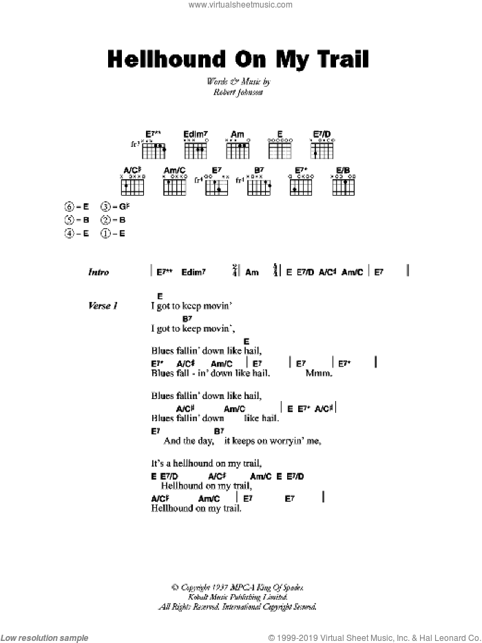 Hellhound On My Trail sheet music for guitar (chords) by Robert Johnson, intermediate skill level