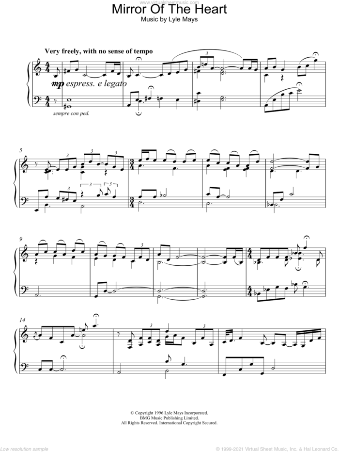Mirror Of The Heart sheet music for piano solo by Lyle Mays, intermediate skill level