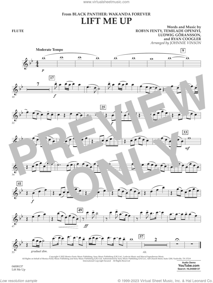 Lift Me Up (from Black Panther: Wakanda Forever) (arr. Vinson) sheet music for concert band (flute) by Rihanna, Johnnie Vinson, Ludwig Goransson, Robyn Fenty, Ryan Coogler and Temilade Openiyi, intermediate skill level