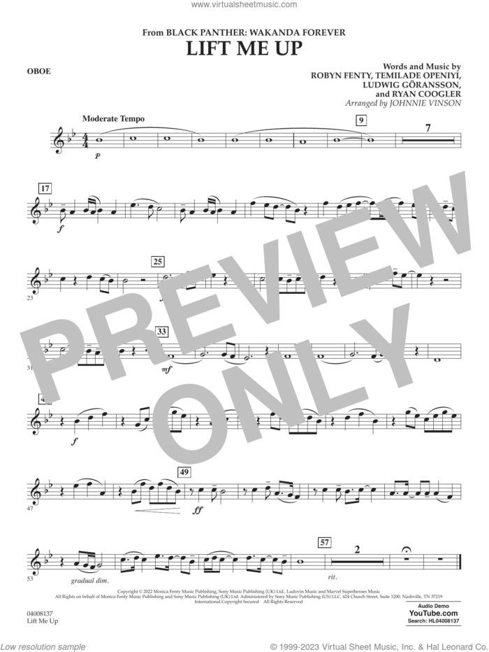 Lift Me Up (from Black Panther: Wakanda Forever) (arr. Vinson) sheet music for concert band (oboe) by Rihanna, Johnnie Vinson, Ludwig Goransson, Robyn Fenty, Ryan Coogler and Temilade Openiyi, intermediate skill level