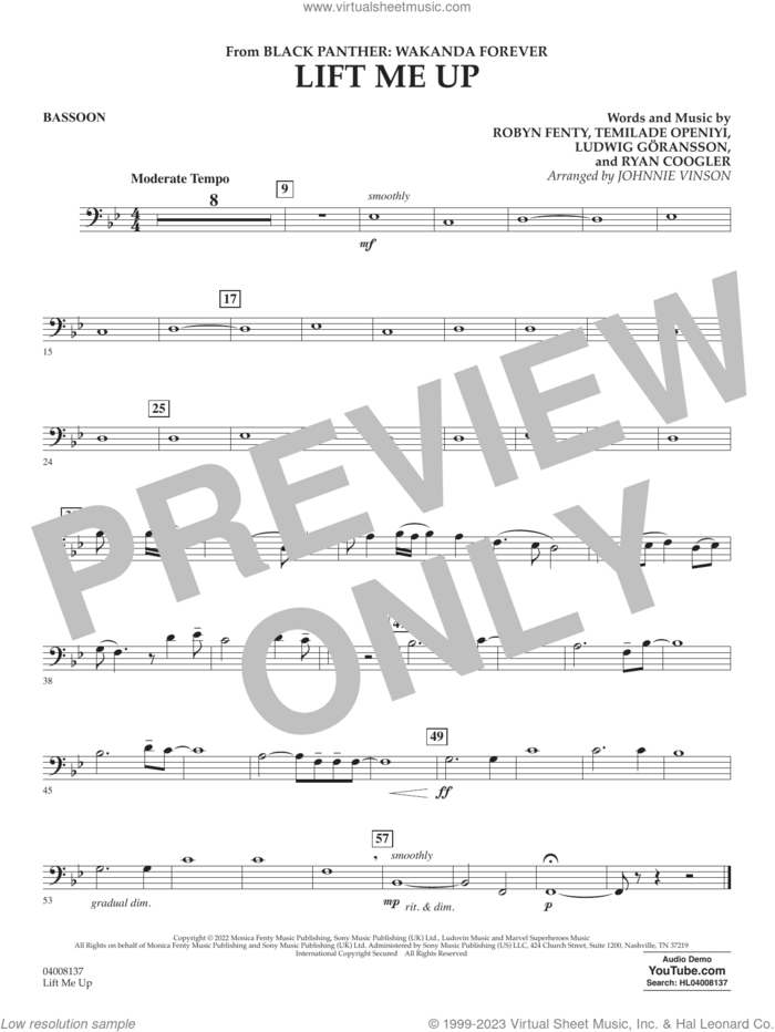 Lift Me Up (from Black Panther: Wakanda Forever) (arr. Vinson) sheet music for concert band (bassoon) by Rihanna, Johnnie Vinson, Ludwig Goransson, Robyn Fenty, Ryan Coogler and Temilade Openiyi, intermediate skill level