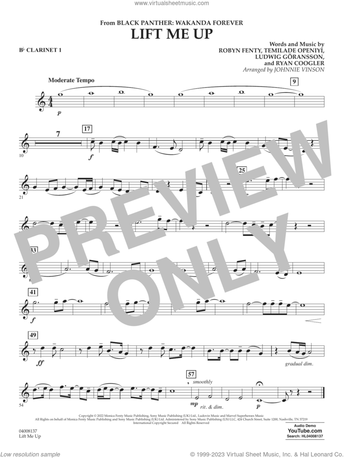 Lift Me Up (from Black Panther: Wakanda Forever) (arr. Vinson) sheet music for concert band (Bb clarinet 1) by Rihanna, Johnnie Vinson, Ludwig Goransson, Robyn Fenty, Ryan Coogler and Temilade Openiyi, intermediate skill level