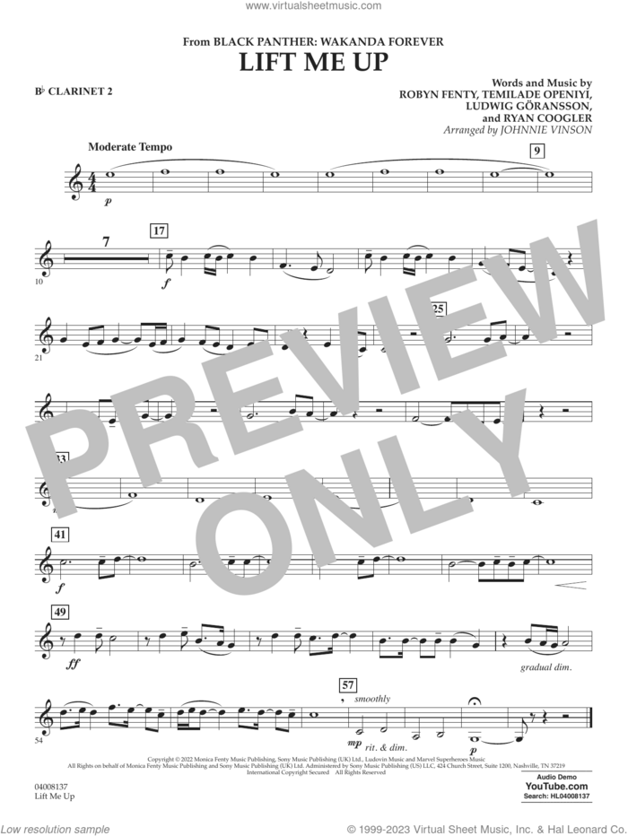 Lift Me Up (from Black Panther: Wakanda Forever) (arr. Vinson) sheet music for concert band (Bb clarinet 2) by Rihanna, Johnnie Vinson, Ludwig Goransson, Robyn Fenty, Ryan Coogler and Temilade Openiyi, intermediate skill level