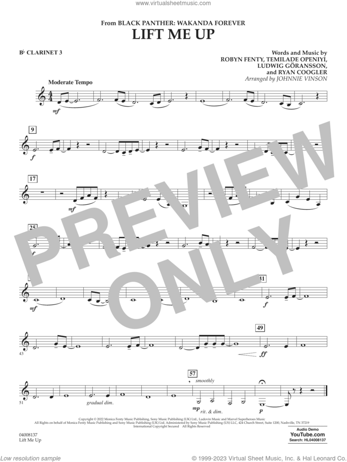 Lift Me Up (from Black Panther: Wakanda Forever) (arr. Vinson) sheet music for concert band (Bb clarinet 3) by Rihanna, Johnnie Vinson, Ludwig Goransson, Robyn Fenty, Ryan Coogler and Temilade Openiyi, intermediate skill level