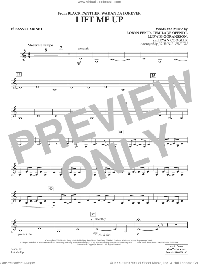 Lift Me Up (from Black Panther: Wakanda Forever) (arr. Vinson) sheet music for concert band (Bb bass clarinet) by Rihanna, Johnnie Vinson, Ludwig Goransson, Robyn Fenty, Ryan Coogler and Temilade Openiyi, intermediate skill level