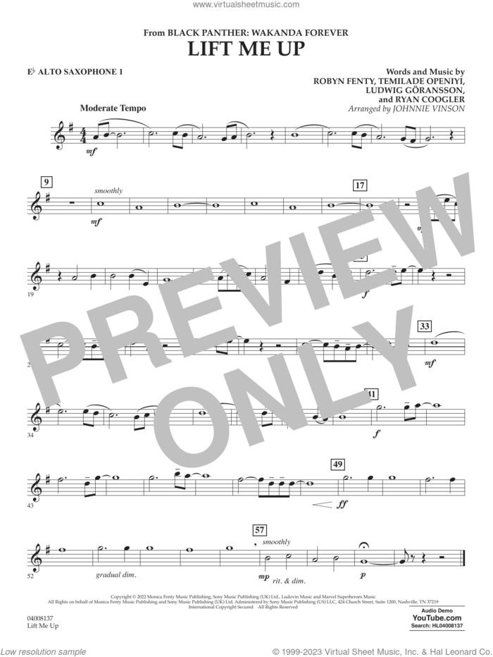 Lift Me Up (from Black Panther: Wakanda Forever) (arr. Vinson) sheet music for concert band (Eb alto saxophone 1) by Rihanna, Johnnie Vinson, Ludwig Goransson, Robyn Fenty, Ryan Coogler and Temilade Openiyi, intermediate skill level