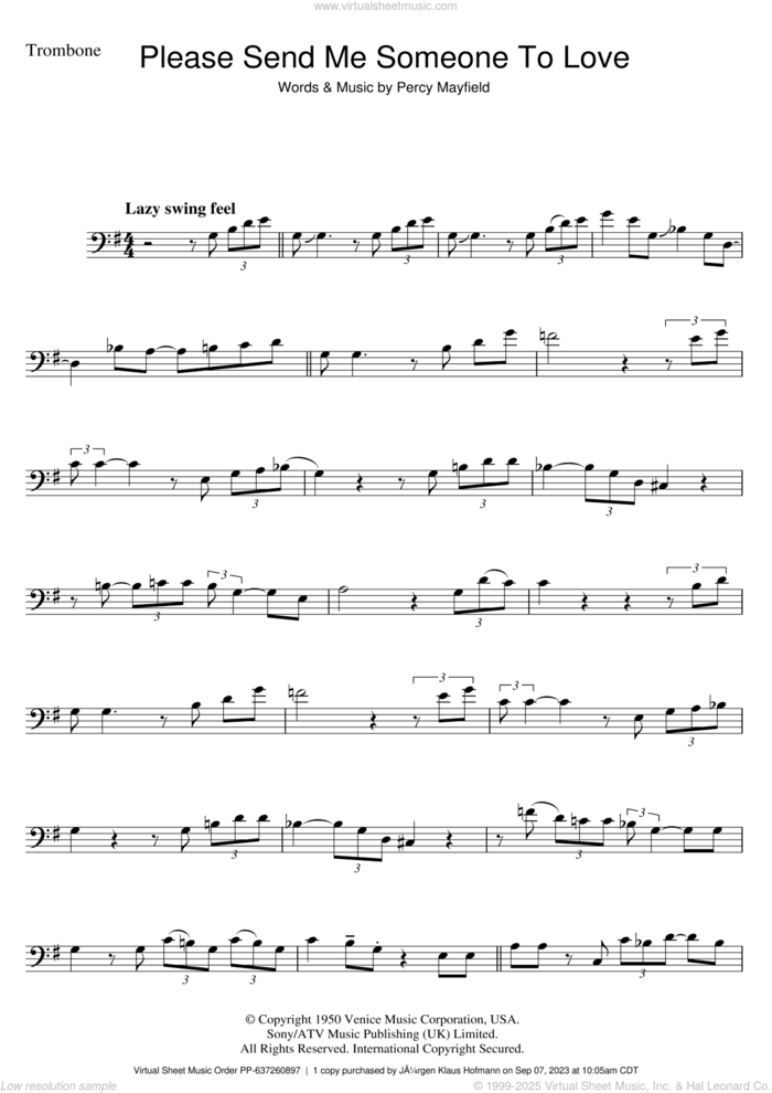 Please Send Me Someone To Love sheet music for trombone solo by Percy Mayfield, intermediate skill level