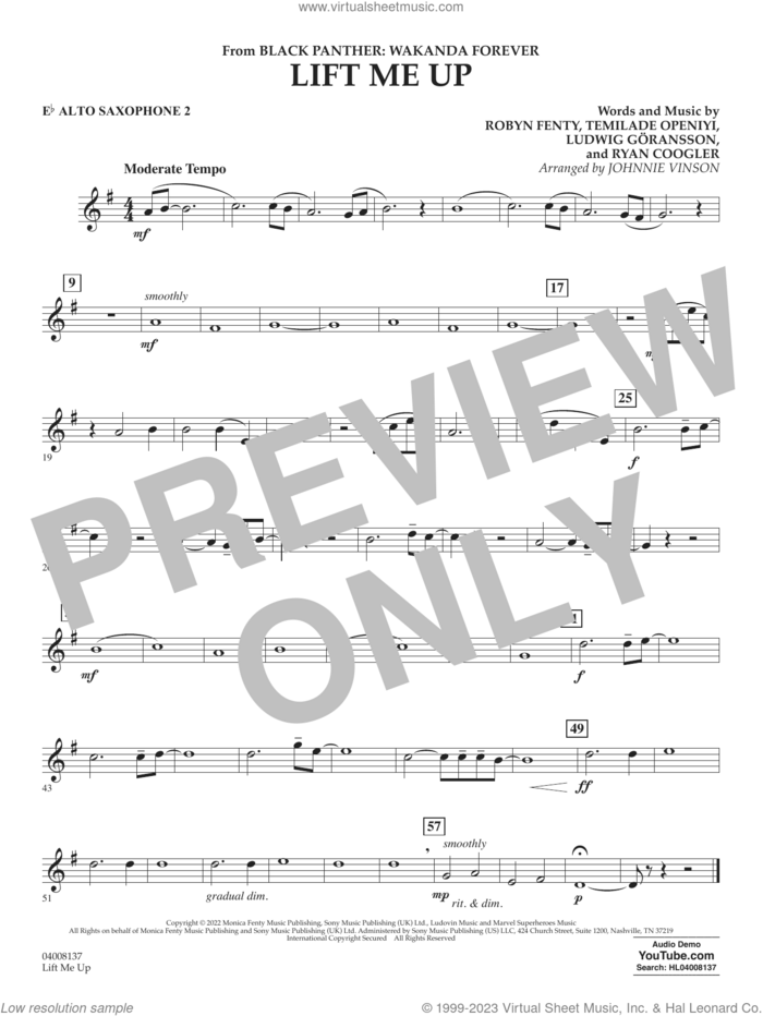 Lift Me Up (from Black Panther: Wakanda Forever) (arr. Vinson) sheet music for concert band (Eb alto saxophone 2) by Rihanna, Johnnie Vinson, Ludwig Goransson, Robyn Fenty, Ryan Coogler and Temilade Openiyi, intermediate skill level