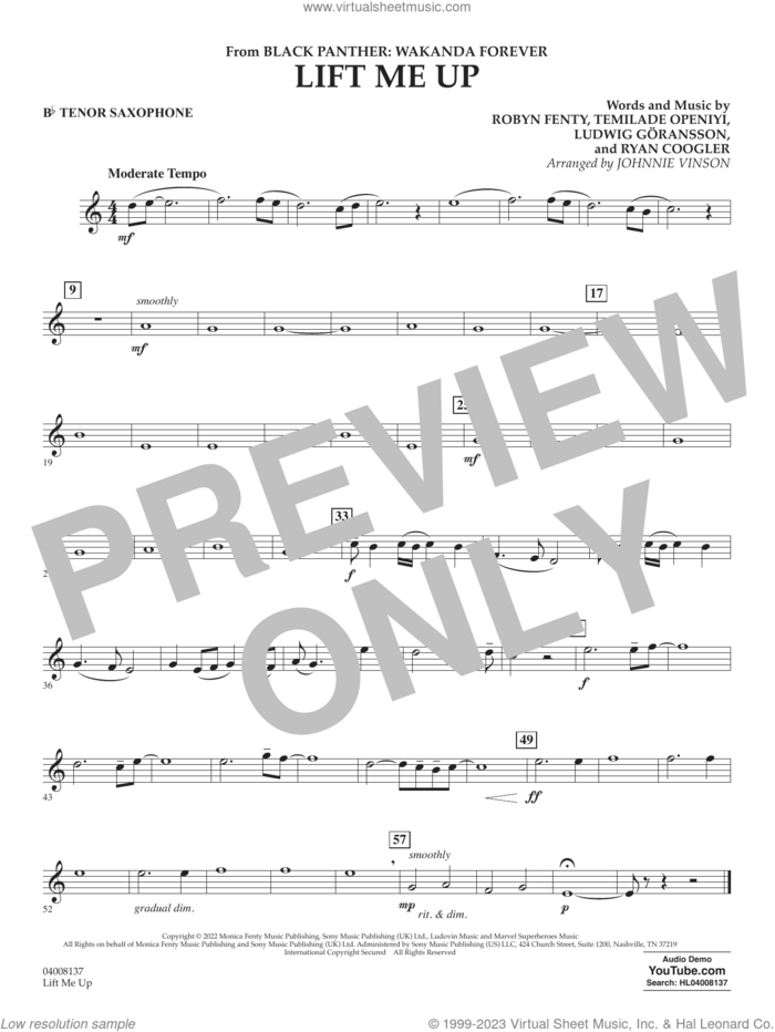 Lift Me Up (from Black Panther: Wakanda Forever) (arr. Vinson) sheet music for concert band (Bb tenor saxophone) by Rihanna, Johnnie Vinson, Ludwig Goransson, Robyn Fenty, Ryan Coogler and Temilade Openiyi, intermediate skill level