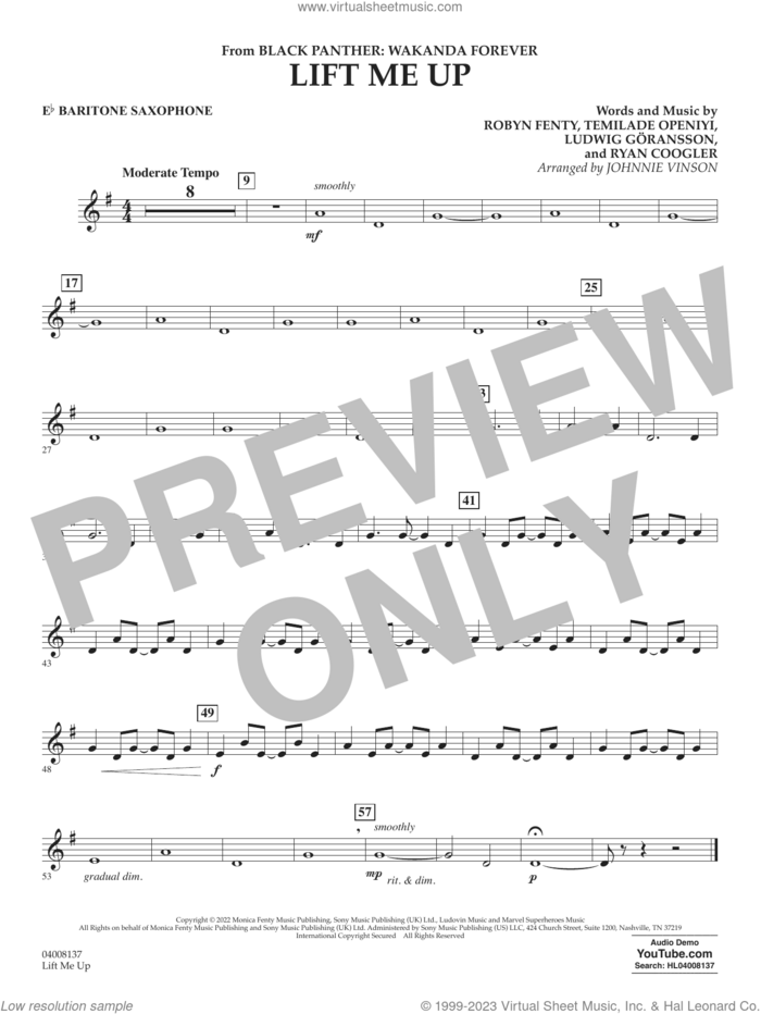 Lift Me Up (from Black Panther: Wakanda Forever) (arr. Vinson) sheet music for concert band (Eb baritone saxophone) by Rihanna, Johnnie Vinson, Ludwig Goransson, Robyn Fenty, Ryan Coogler and Temilade Openiyi, intermediate skill level