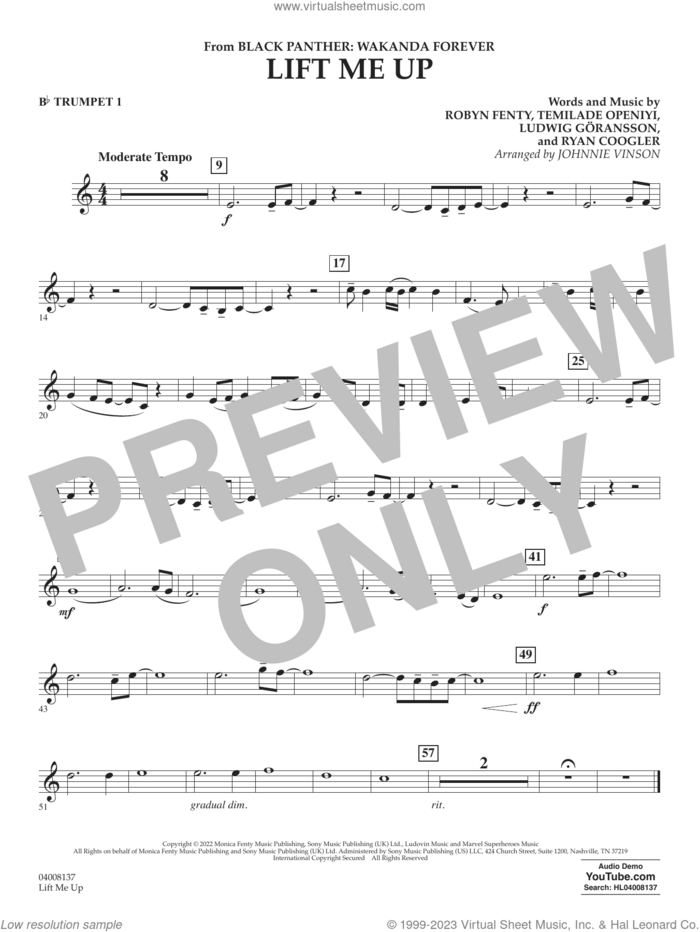 Lift Me Up (from Black Panther: Wakanda Forever) (arr. Vinson) sheet music for concert band (Bb trumpet 1) by Rihanna, Johnnie Vinson, Ludwig Goransson, Robyn Fenty, Ryan Coogler and Temilade Openiyi, intermediate skill level