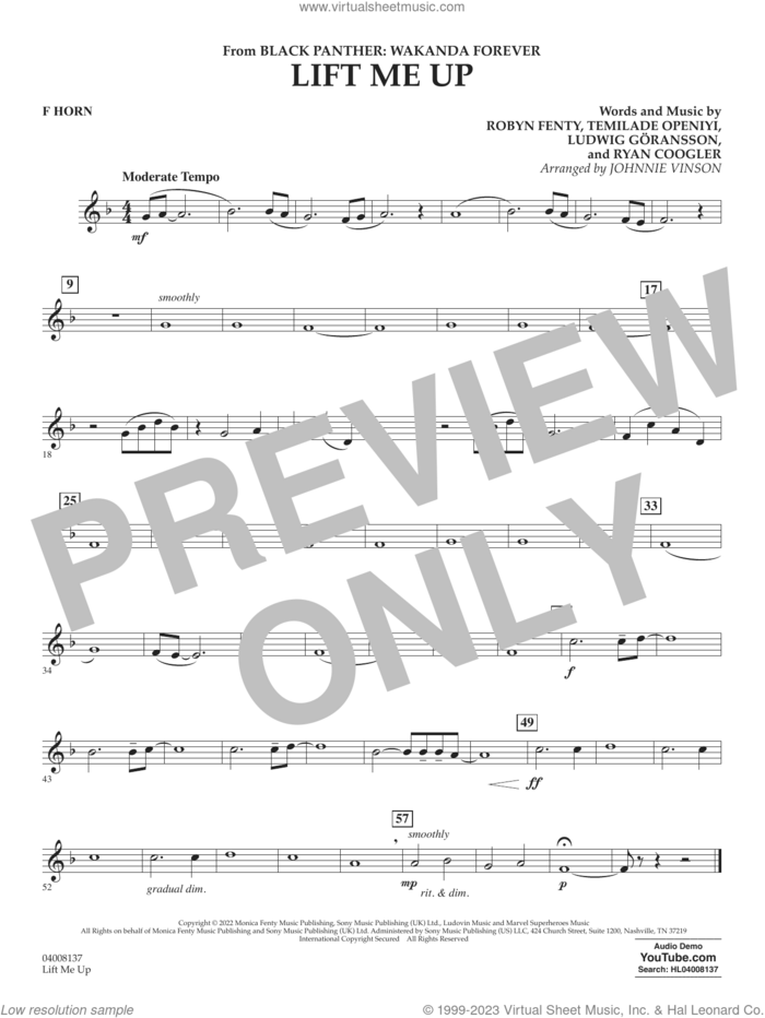 Lift Me Up (from Black Panther: Wakanda Forever) (arr. Vinson) sheet music for concert band (f horn) by Rihanna, Johnnie Vinson, Ludwig Goransson, Robyn Fenty, Ryan Coogler and Temilade Openiyi, intermediate skill level