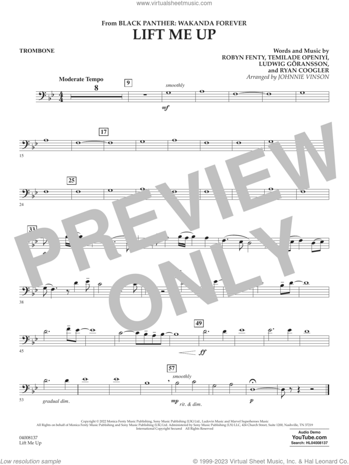 Lift Me Up (from Black Panther: Wakanda Forever) (arr. Vinson) sheet music for concert band (trombone) by Rihanna, Johnnie Vinson, Ludwig Goransson, Robyn Fenty, Ryan Coogler and Temilade Openiyi, intermediate skill level