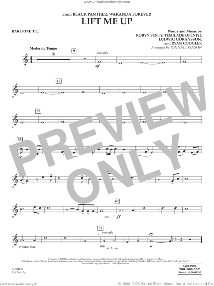 Lift Me Up (from Black Panther: Wakanda Forever) (arr. Vinson) sheet music for concert band (baritone t.c.) by Rihanna, Johnnie Vinson, Ludwig Goransson, Robyn Fenty, Ryan Coogler and Temilade Openiyi, intermediate skill level