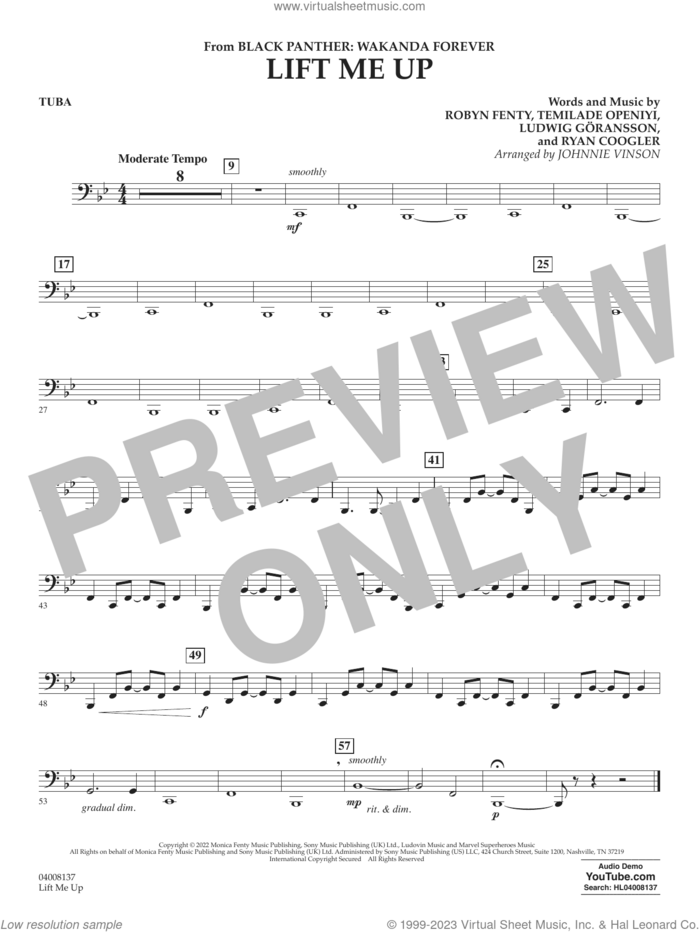 Lift Me Up (from Black Panther: Wakanda Forever) (arr. Vinson) sheet music for concert band (tuba) by Rihanna, Johnnie Vinson, Ludwig Goransson, Robyn Fenty, Ryan Coogler and Temilade Openiyi, intermediate skill level