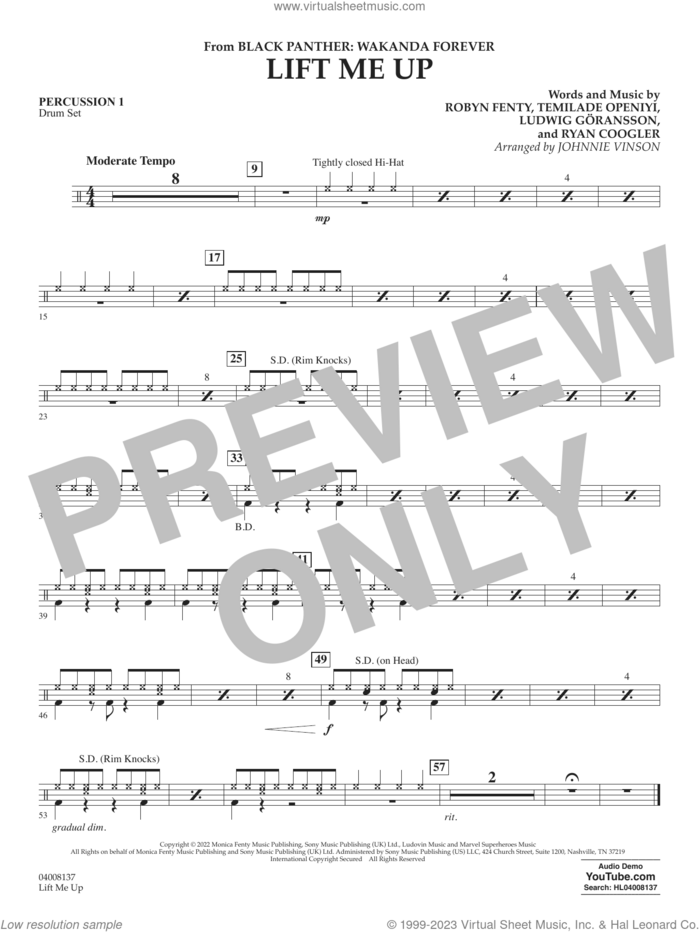 Lift Me Up (from Black Panther: Wakanda Forever) (arr. Vinson) sheet music for concert band (percussion 1) by Rihanna, Johnnie Vinson, Ludwig Goransson, Robyn Fenty, Ryan Coogler and Temilade Openiyi, intermediate skill level
