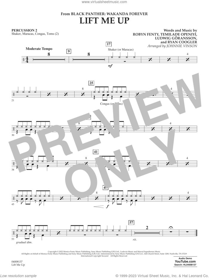 Lift Me Up (from Black Panther: Wakanda Forever) (arr. Vinson) sheet music for concert band (percussion 2) by Rihanna, Johnnie Vinson, Ludwig Goransson, Robyn Fenty, Ryan Coogler and Temilade Openiyi, intermediate skill level