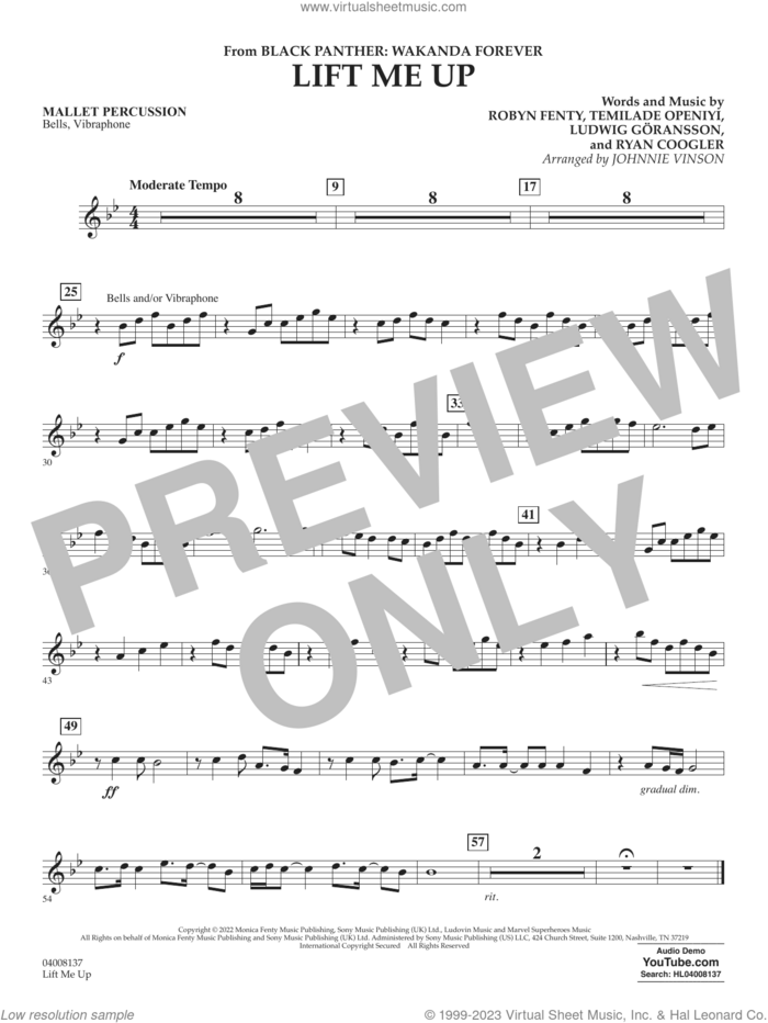 Lift Me Up (from Black Panther: Wakanda Forever) (arr. Vinson) sheet music for concert band (mallet percussion) by Rihanna, Johnnie Vinson, Ludwig Goransson, Robyn Fenty, Ryan Coogler and Temilade Openiyi, intermediate skill level