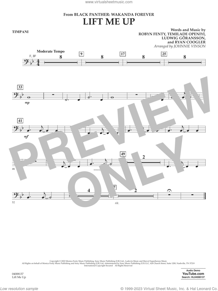 Lift Me Up (from Black Panther: Wakanda Forever) (arr. Vinson) sheet music for concert band (timpani) by Rihanna, Johnnie Vinson, Ludwig Goransson, Robyn Fenty, Ryan Coogler and Temilade Openiyi, intermediate skill level