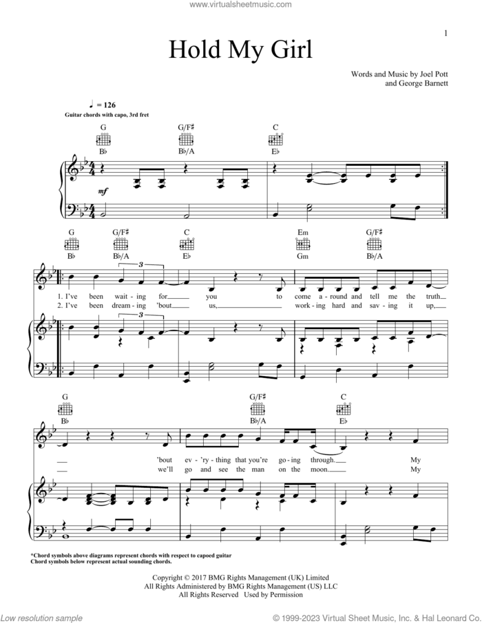 Hold My Girl sheet music for voice, piano or guitar by George Ezra, George Barnett and Joel Pott, intermediate skill level