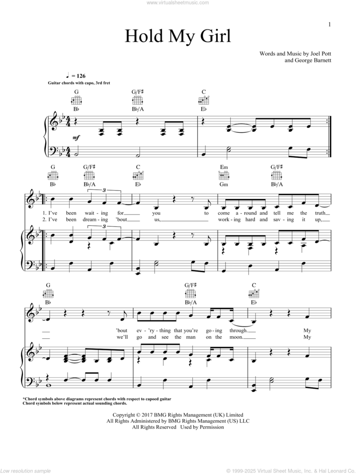 Hold My Girl sheet music for voice, piano or guitar by George Ezra, George Barnett and Joel Pott, intermediate skill level