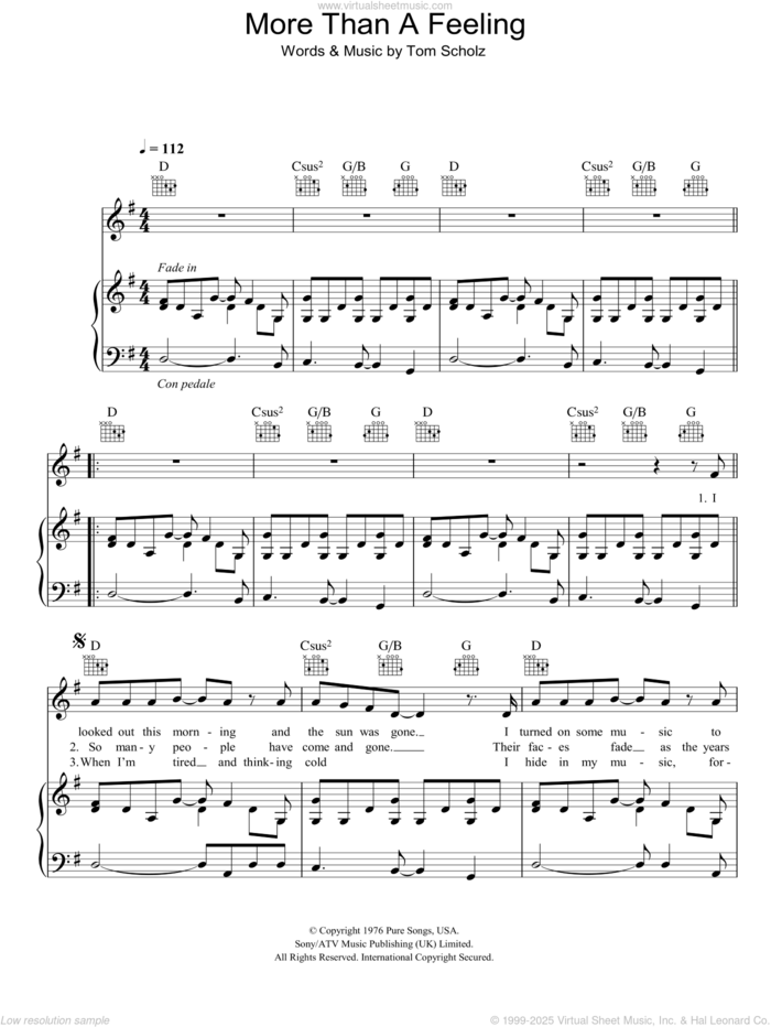 More Than A Feeling sheet music for voice, piano or guitar by Boston and Tom Scholz, intermediate skill level