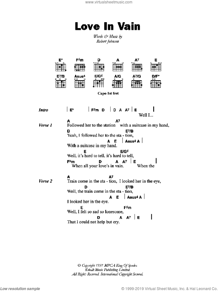 Love In Vain Blues sheet music for guitar (chords) by Robert Johnson, intermediate skill level