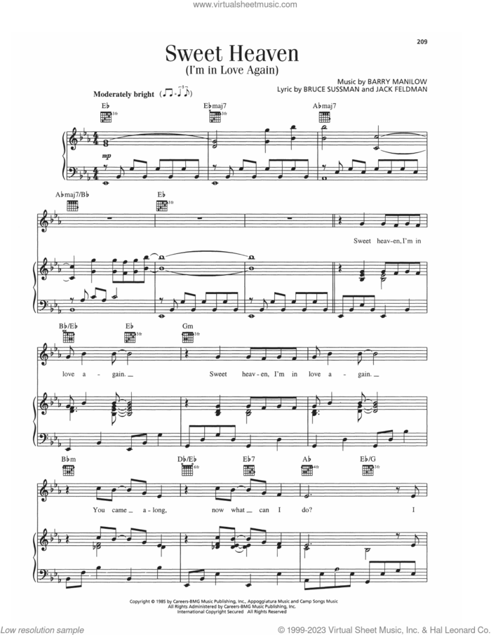 Sweet Heaven (I'm In Love Again) sheet music for voice, piano or guitar by Barry Manilow, Bruce Sussman and Jack Feldman, intermediate skill level