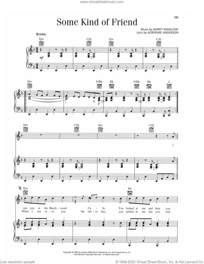 Some Kind Of Friend sheet music for voice, piano or guitar by Barry Manilow and Adrienne Anderson, intermediate skill level