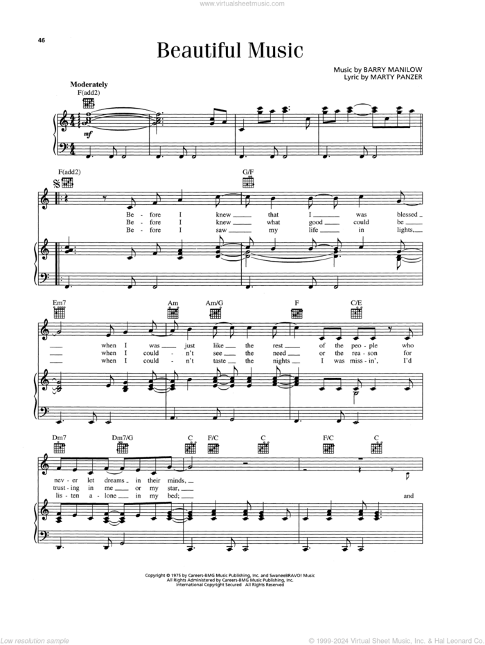 Beautiful Music sheet music for voice, piano or guitar by Barry Manilow and Marty Panzer, intermediate skill level