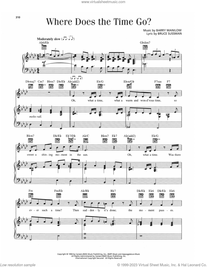 Where Does The Time Go? sheet music for voice, piano or guitar by Barry Manilow and Bruce Sussman, intermediate skill level