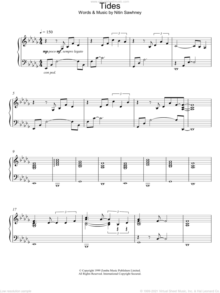 Tides sheet music for piano solo by Nitin Sawhney, intermediate skill level