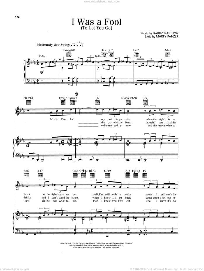 I Was A Fool To Let You Go sheet music for voice, piano or guitar by Barry Manilow and Marty Panzer, intermediate skill level