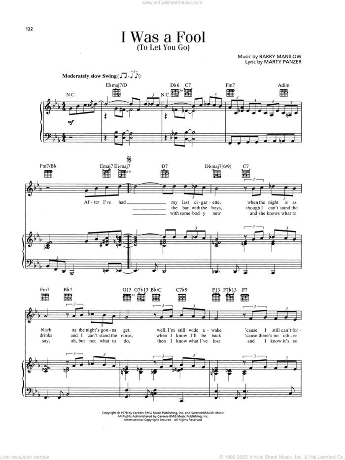 I Was A Fool To Let You Go sheet music for voice, piano or guitar by Barry Manilow and Marty Panzer, intermediate skill level