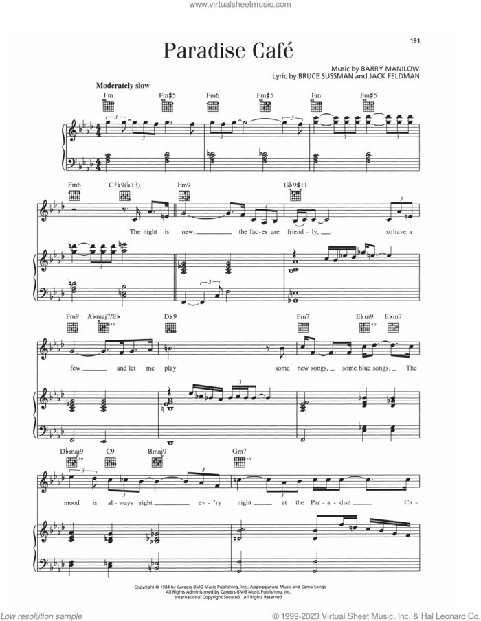 Paradise Cafe sheet music for voice, piano or guitar by Barry Manilow, Bruce Sussman and Jack Feldman, intermediate skill level