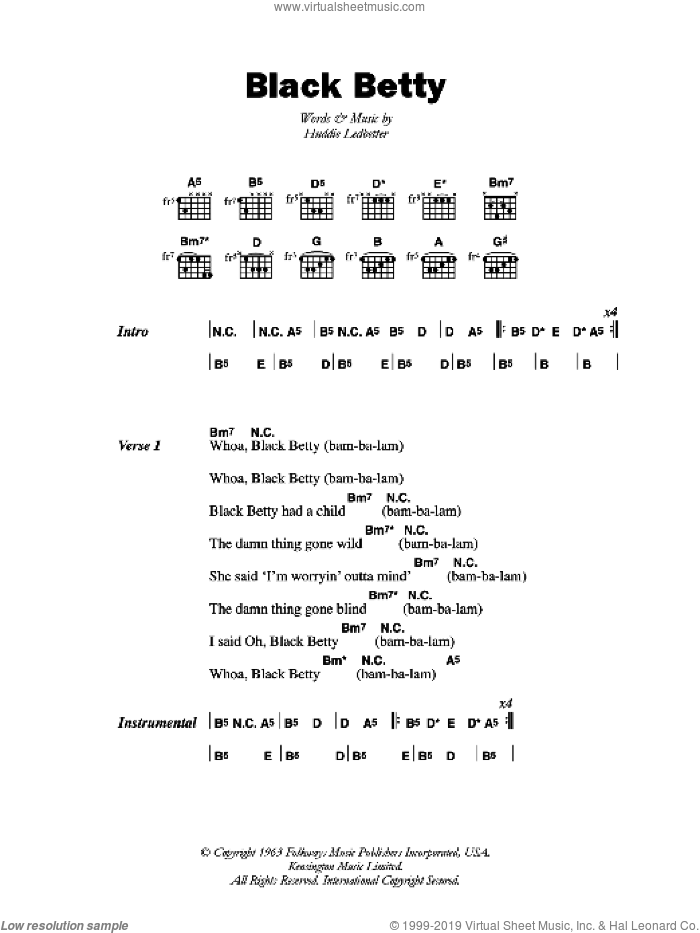 Black Betty sheet music for guitar (chords) by Ram Jam, Lead Belly and Huddie Ledbetter, intermediate skill level
