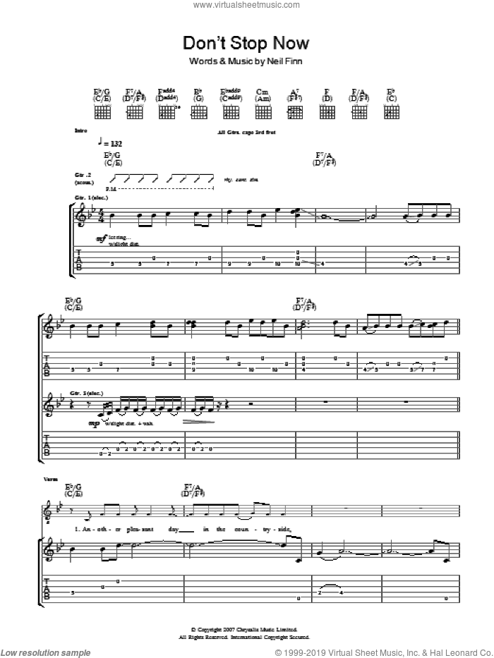 Don't Stop Now sheet music for guitar (tablature) by Crowded House and Neil Finn, intermediate skill level