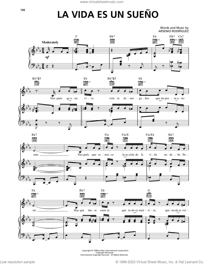 La Vida Es Un Sueno sheet music for voice, piano or guitar by Arsenio Rodriguez, intermediate skill level