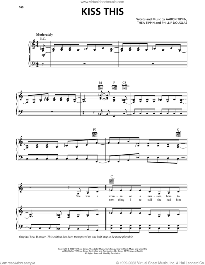 Kiss This sheet music for voice, piano or guitar by Aaron Tippin, Phillip Douglas and Thea Tippin, intermediate skill level