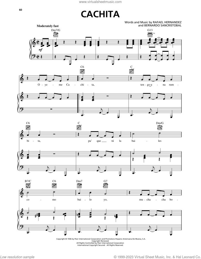 Cachita sheet music for voice, piano or guitar by Rafael Hernandez and Bernardo Sancristobal, intermediate skill level
