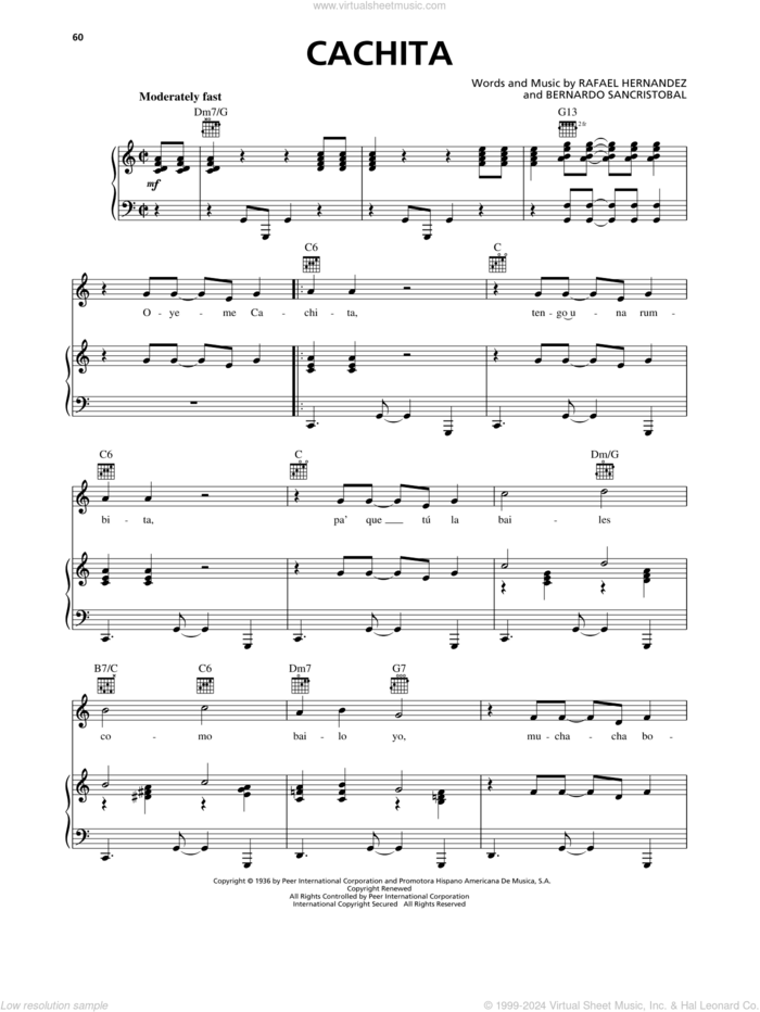 Cachita sheet music for voice, piano or guitar by Rafael Hernandez and Bernardo Sancristobal, intermediate skill level