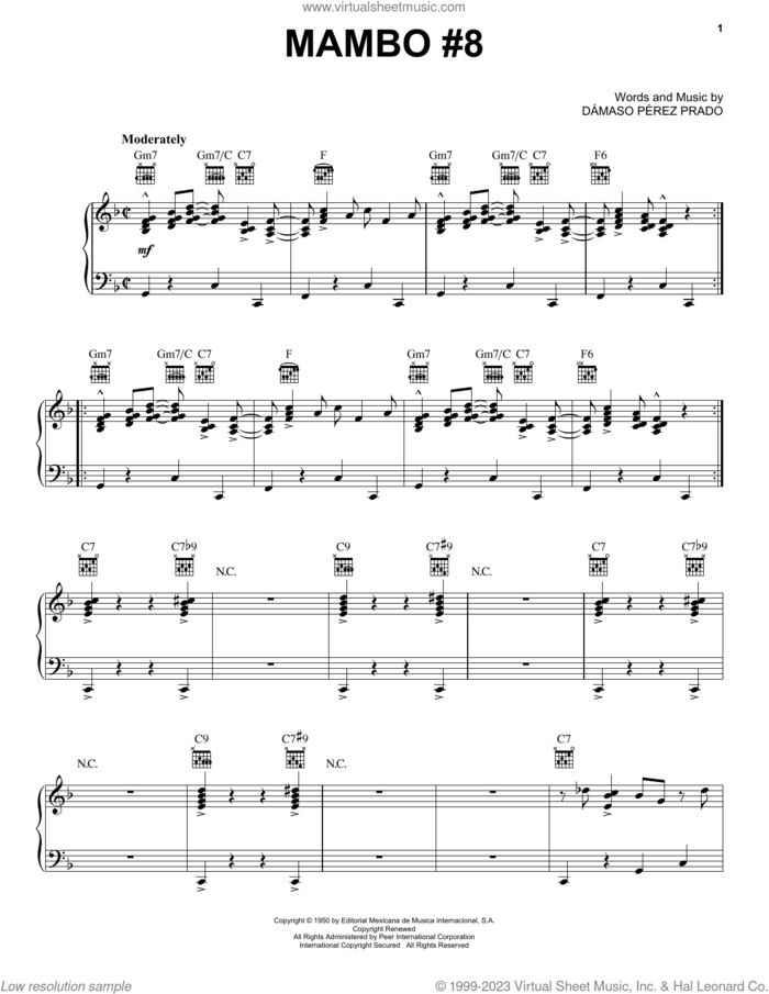 Mambo #8 sheet music for voice, piano or guitar by Pérez Prado, Mario Bauza and Damaso Perez Prado, intermediate skill level