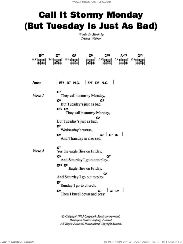 Call It Stormy Monday (But Tuesday Is Just As Bad) sheet music for guitar (chords) by Aaron 'T-Bone' Walker, intermediate skill level