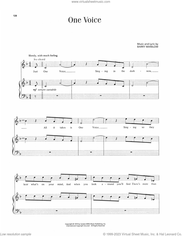 One Voice sheet music for voice, piano or guitar by Barry Manilow, intermediate skill level