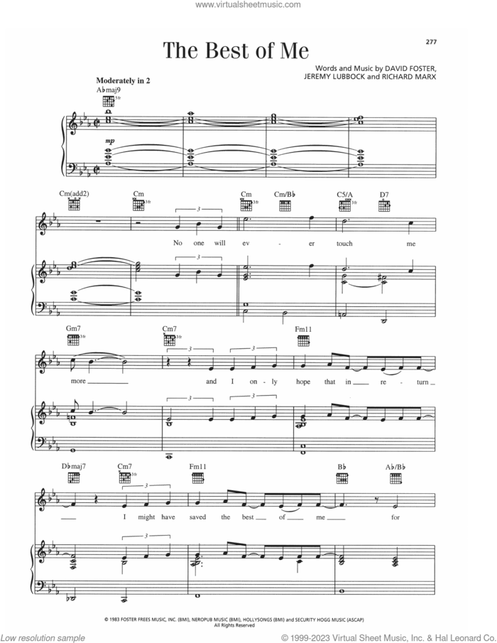 The Best Of Me sheet music for voice, piano or guitar by Barry Manilow, David Foster, Jeremy Lubbock and Richard Marx, intermediate skill level