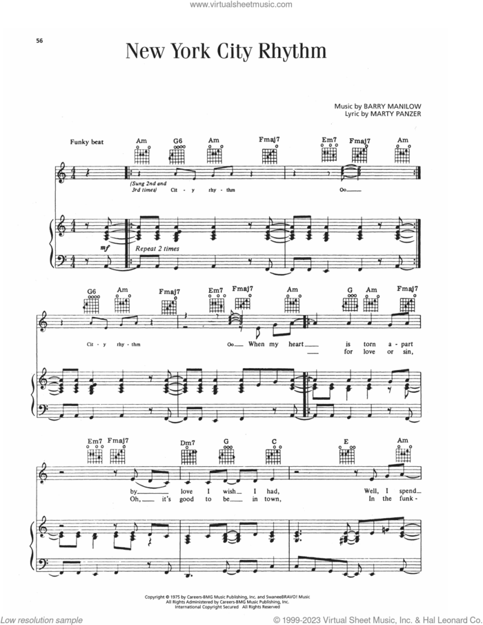 New York City Rhythm sheet music for voice, piano or guitar by Barry Manilow and Marty Panzer, intermediate skill level