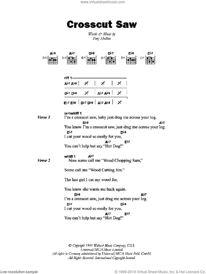 Crosscut Saw sheet music for guitar (chords) by Albert King and Tony Hollins, intermediate skill level