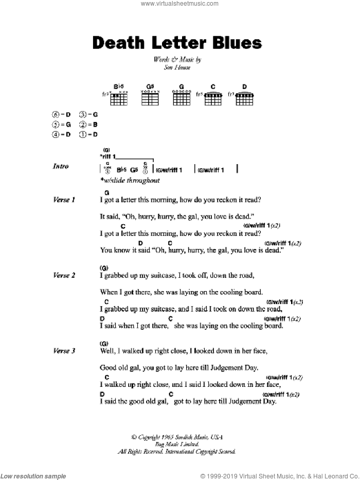 Death Letter Blues sheet music for guitar (chords) by Son House, intermediate skill level