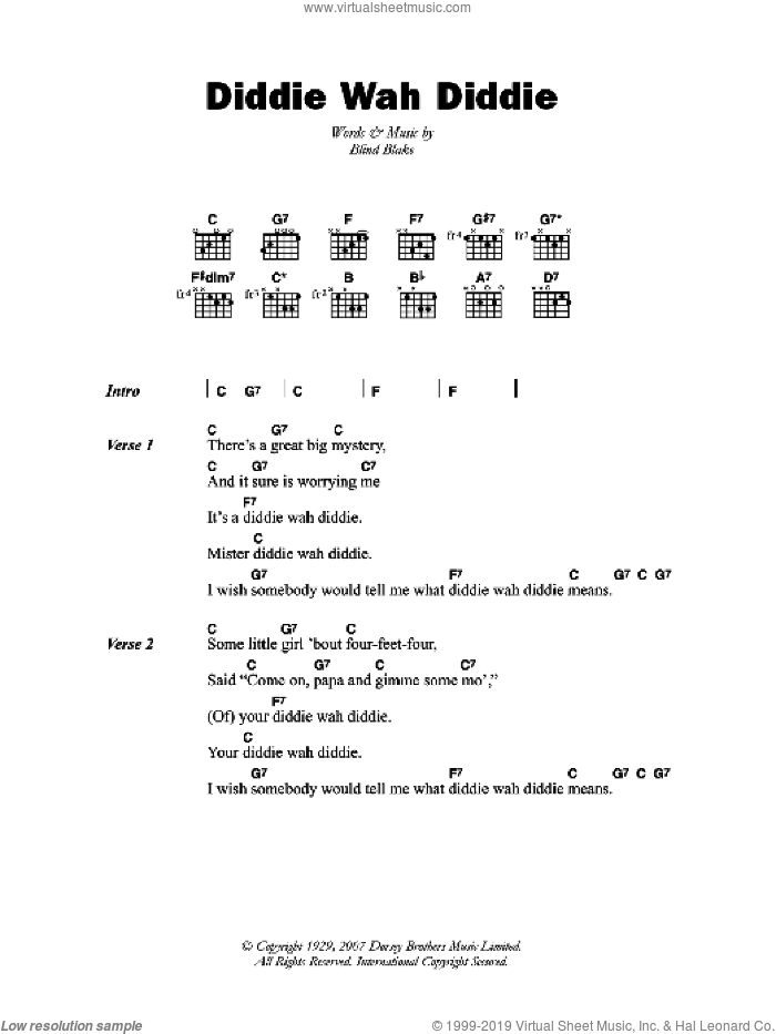 Diddie Wah Diddie sheet music for guitar (chords) by Blind Blake and Arthur Blake, intermediate skill level