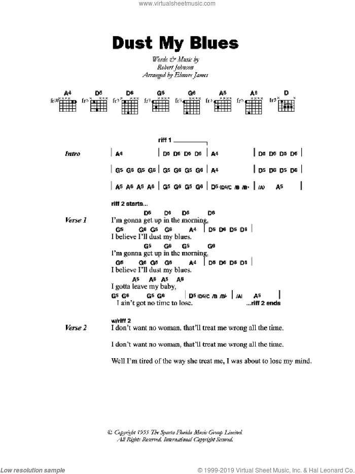 Dust My Blues sheet music for guitar (chords) by Elmore James and Robert Johnson, intermediate skill level